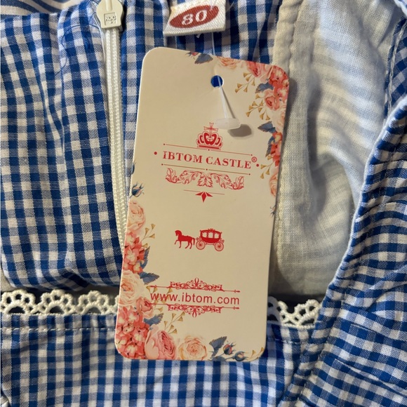 NWT Ibtom 80 Cotton Blue Stripe Eyelet Pinafore Lined Sleeveless Dress- Sz 9-18M - Picture 3 of 7